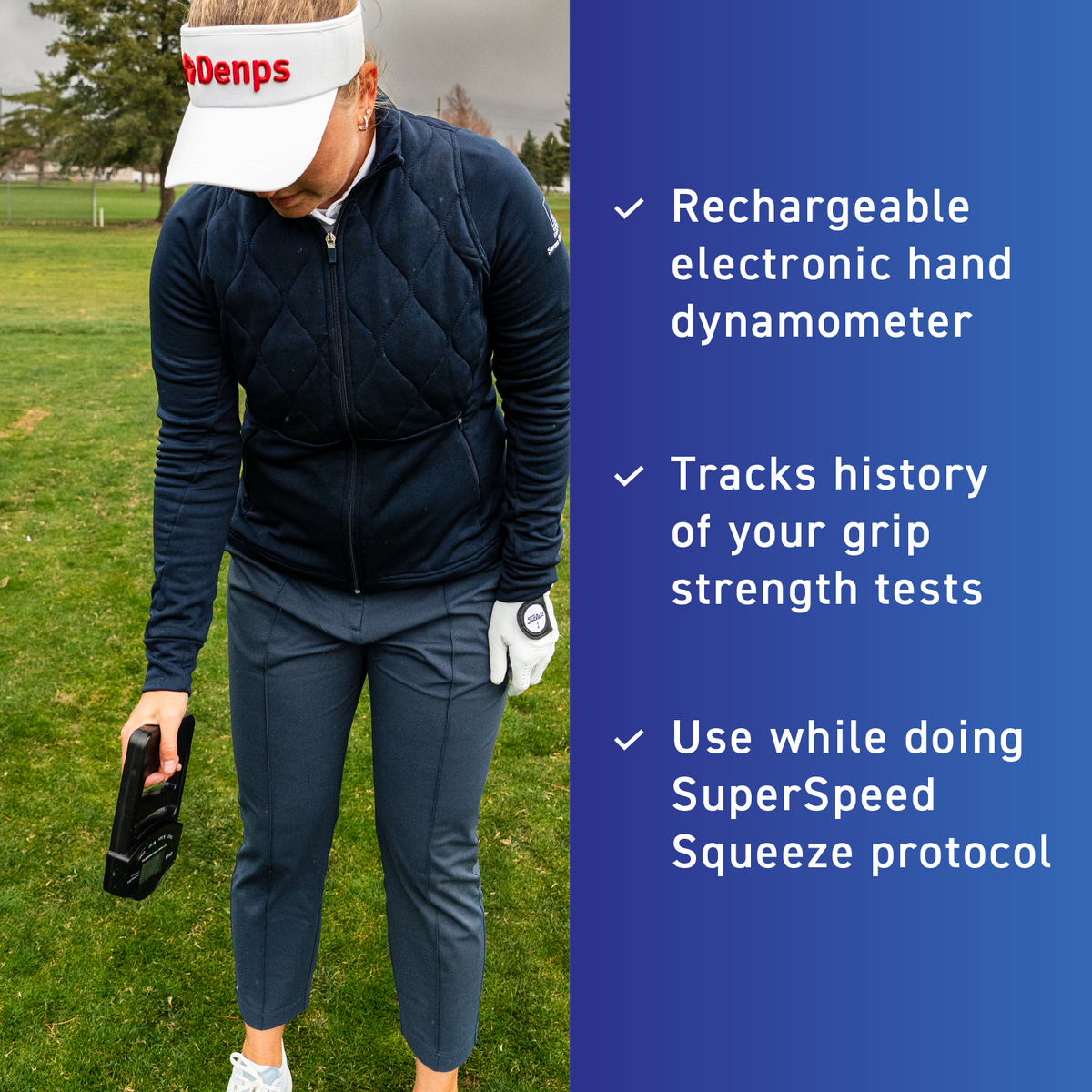 SuperSpeed Golf Grip meter key points demonstrated by a lady golfer
