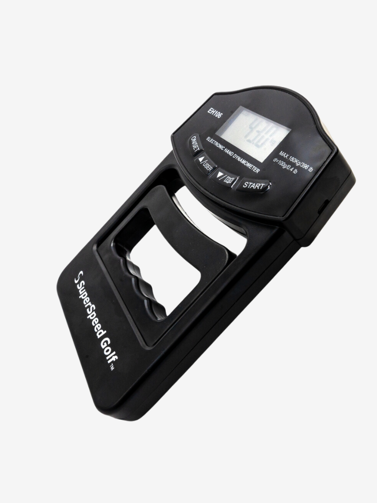 A digital grip strength meter with a black body and a digital screen, branded with 'SuperSpeed Golf'.