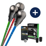 A set of three SuperSpeed Speed Sticks Pro with green, blue, and red shafts and black grips with the Blast Motion 
