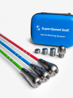 A set of three SuperSpeed Speed Sticks Pro with green, blue, and red shafts and black grips and its interchangeable weights.