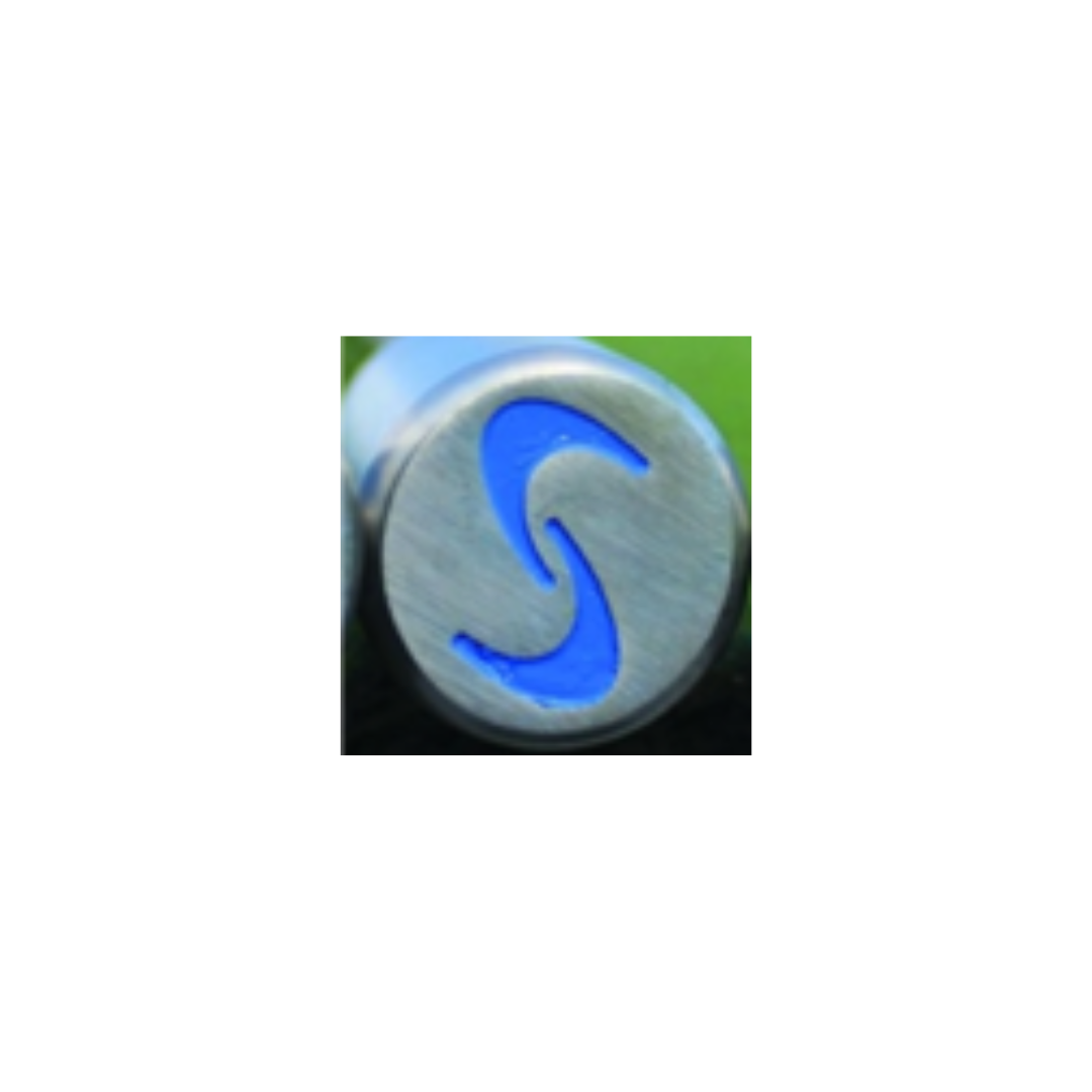Golf training clubs with color-coded heads: blue with a logo on the grip.