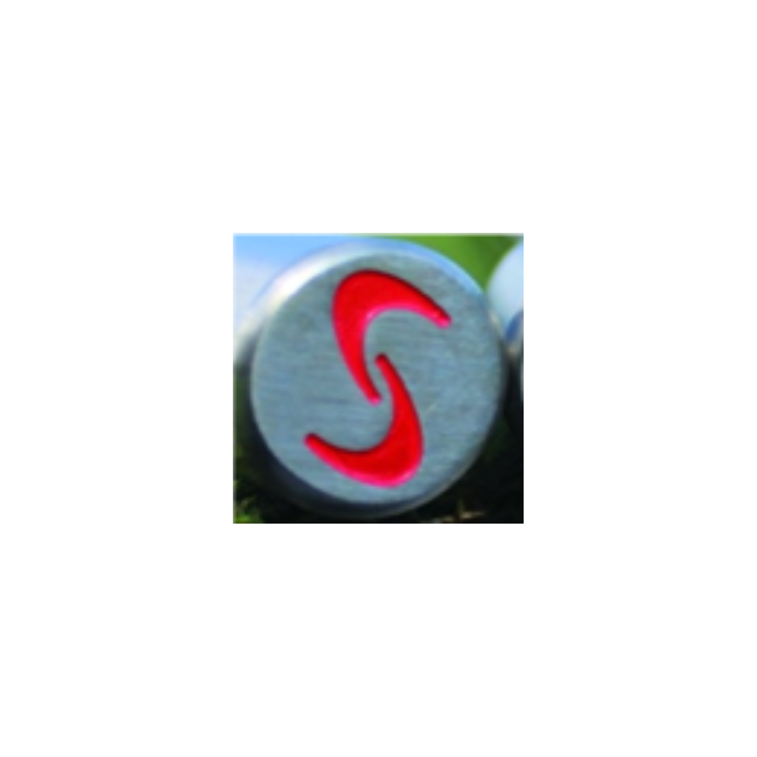 Golf training clubs with color-coded heads: red with a logo on the grip.