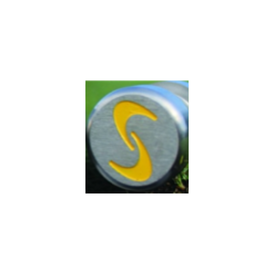 Golf training clubs with color-coded heads: yellow with a logo on the grip.