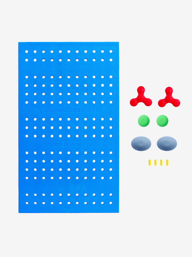 A blue force board platform with multiple colored attachments, including green circles, gray ovals, red tri-circles, and yellow pegs, displayed on a white background.