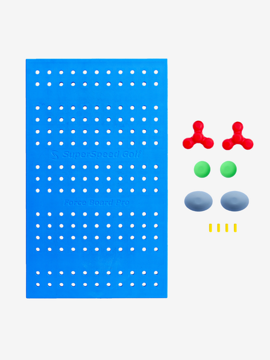 A blue force board platform with multiple colored attachments, including green circles, gray ovals, red tri-circles, and yellow pegs, displayed on a white background.