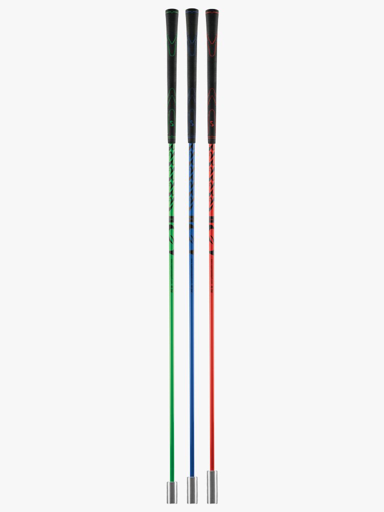Standing shot of the three SuperSpeed golf training swing aids  in red, blue, and green colors, with the brand logo visible on the black handles.
