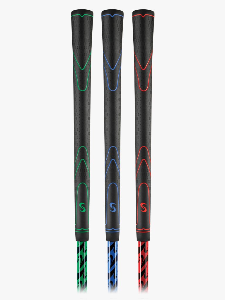 Close up shot of the three SuperSpeed golf training swing aids  in red, blue, and green colors, with the brand logo visible on the black handles.