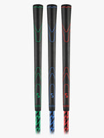 Close up shot of the three SuperSpeed golf training swing aids  in red, blue, and green colors, with the brand logo visible on the black handles.