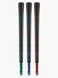 Close up shot of the three SuperSpeed golf training swing aids  in red, blue, and green colors, with the brand logo visible on the black handles.