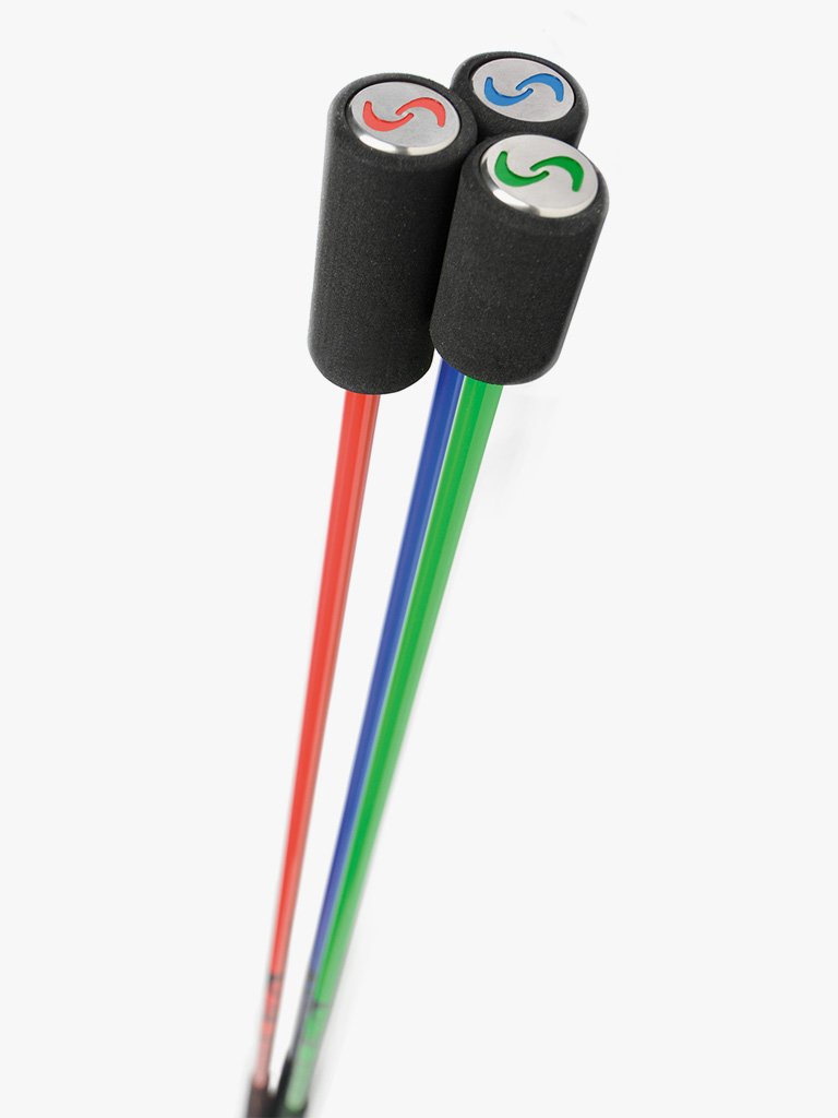 Three SuperSpeed golf training swing aids  in red, blue, and green colors, with the brand logo visible on the black handles.