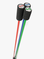 Three SuperSpeed golf training swing aids  in red, blue, and green colors, with the brand logo visible on the black handles.
