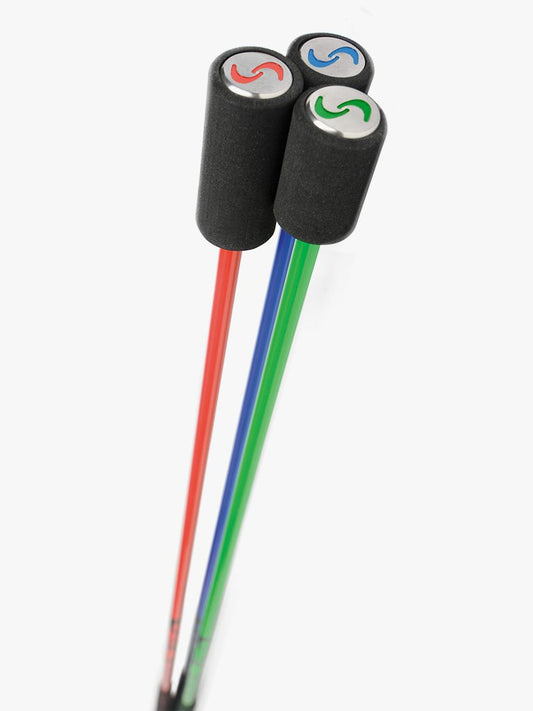 Three SuperSpeed golf training swing aids  in red, blue, and green colors, with the brand logo visible on the black handles.