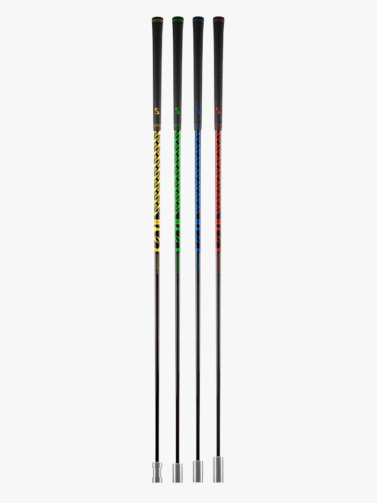 Standing shot of the SuperSpeed Golf Coaches Set full package with red, blue, green, and yellow clubheads