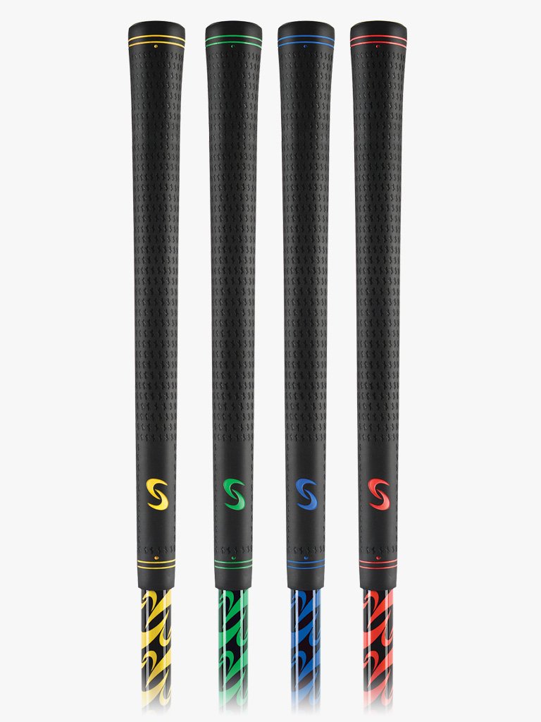 Close up shot of the SuperSpeed Golf Coaches Set full package with red, blue, green, and yellow grips