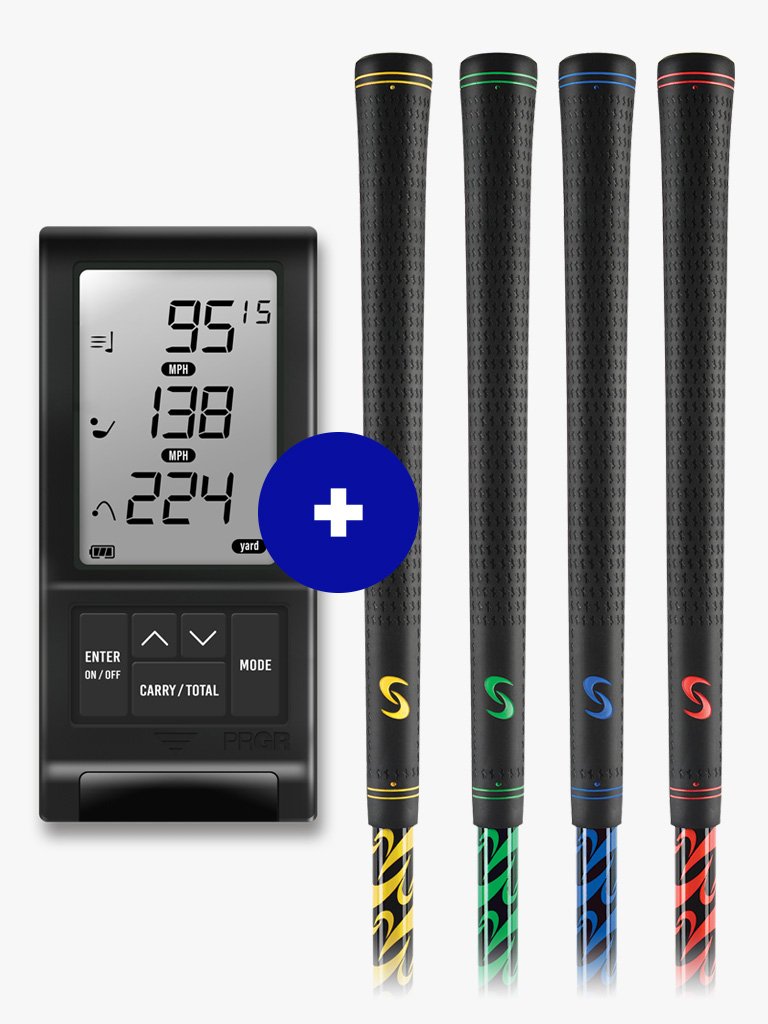SuperSpeed Golf Coaches Set full package with red, blue, green, and yellow grip shot with the PRGR bundle