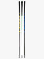 A standing shot of a set of three SuperSpeed golf training clubs, each with a different color grip: yellow, green, and blue, aligned vertically.