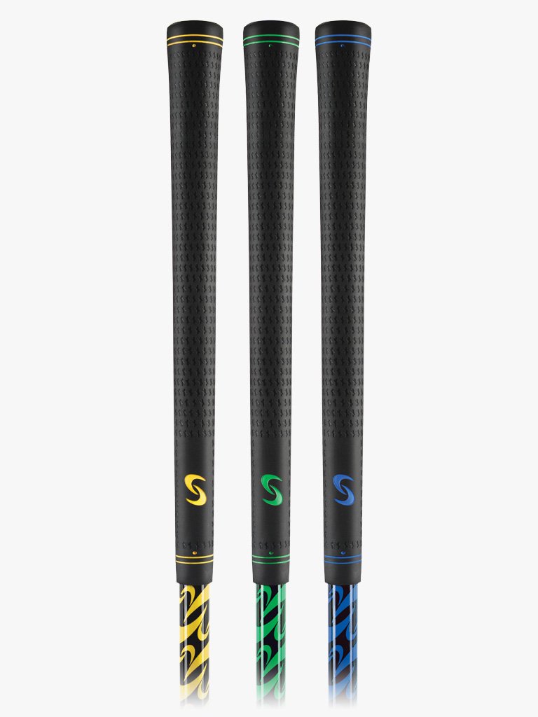 A close up shot of a set of three SuperSpeed golf training clubs, each with a different color grip: yellow, green, and blue, aligned vertically showcasing its grips.