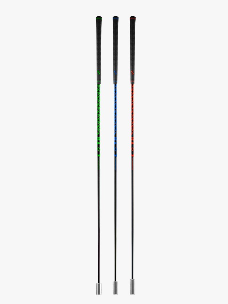 A standing shot of the three golf training clubs with color-coded heads: red, blue, and green, against a white background.