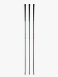 A standing shot of the three golf training clubs with color-coded heads: red, blue, and green, against a white background.