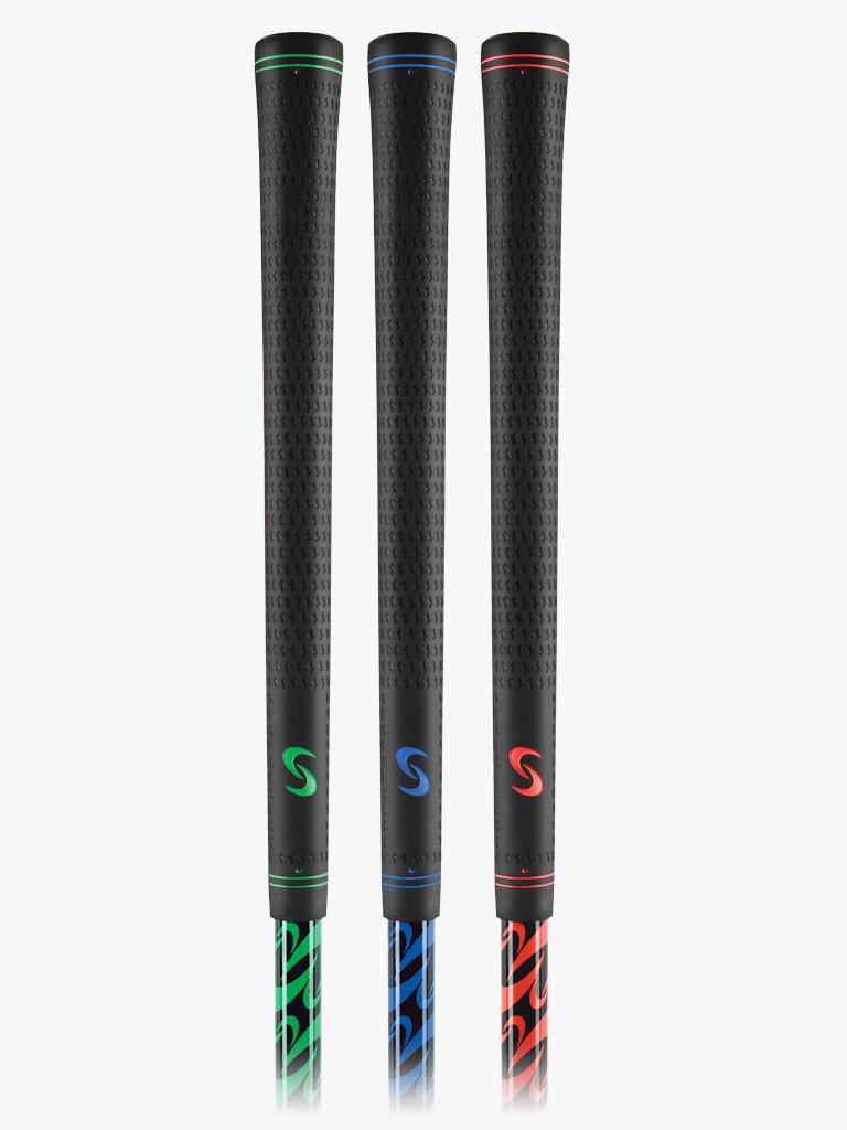 A close up shot of the three golf training clubs with color-coded heads: red, blue, and green, against a white background showcasing its grips.