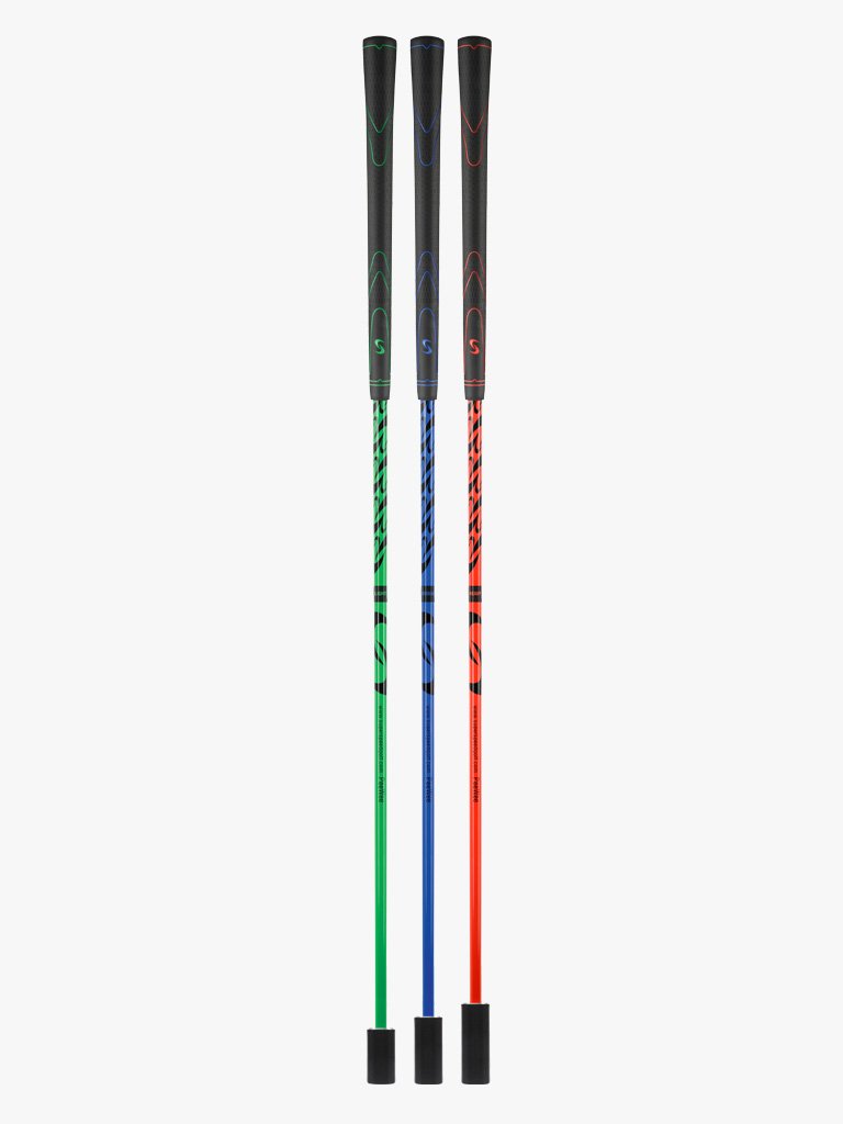 A standing shot of the three PeeWee golf training clubs with color-coded shafts and black grips, arranged vertically showcasing its black clubheads