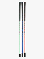 A standing shot of the three PeeWee golf training clubs with color-coded shafts and black grips, arranged vertically showcasing its black clubheads