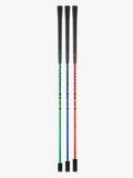 A standing shot of the three PeeWee golf training clubs with color-coded shafts and black grips, arranged vertically showcasing its black clubheads