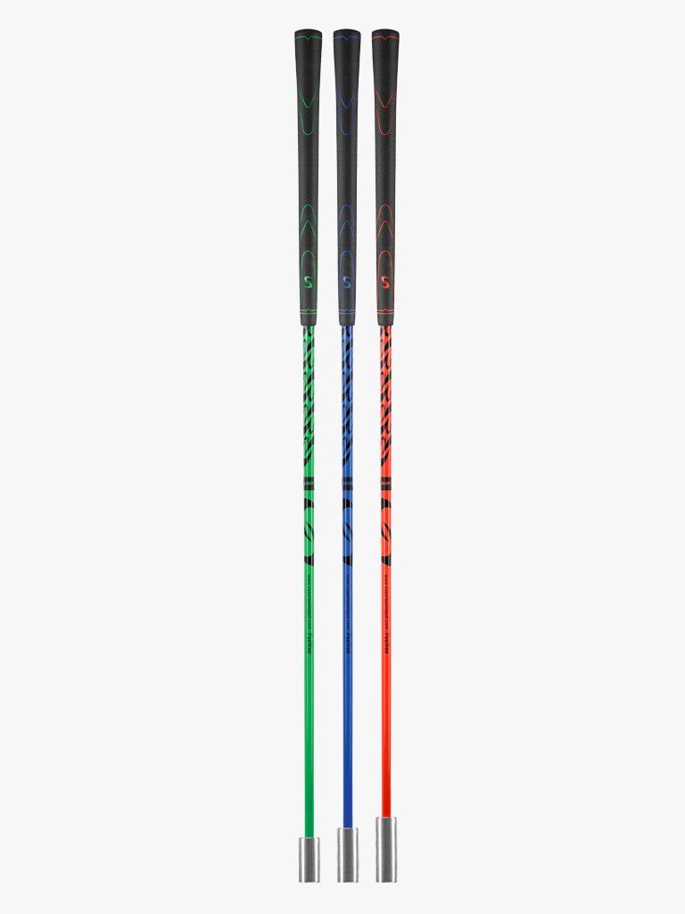 A standing shot of the three PeeWee golf training clubs with color-coded shafts and black grips, arranged vertically showcasing its silver clubheads