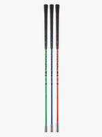 A standing shot of the three PeeWee golf training clubs with color-coded shafts and black grips, arranged vertically showcasing its silver clubheads