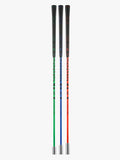 A standing shot of the three PeeWee golf training clubs with color-coded shafts and black grips, arranged vertically showcasing its silver clubheads