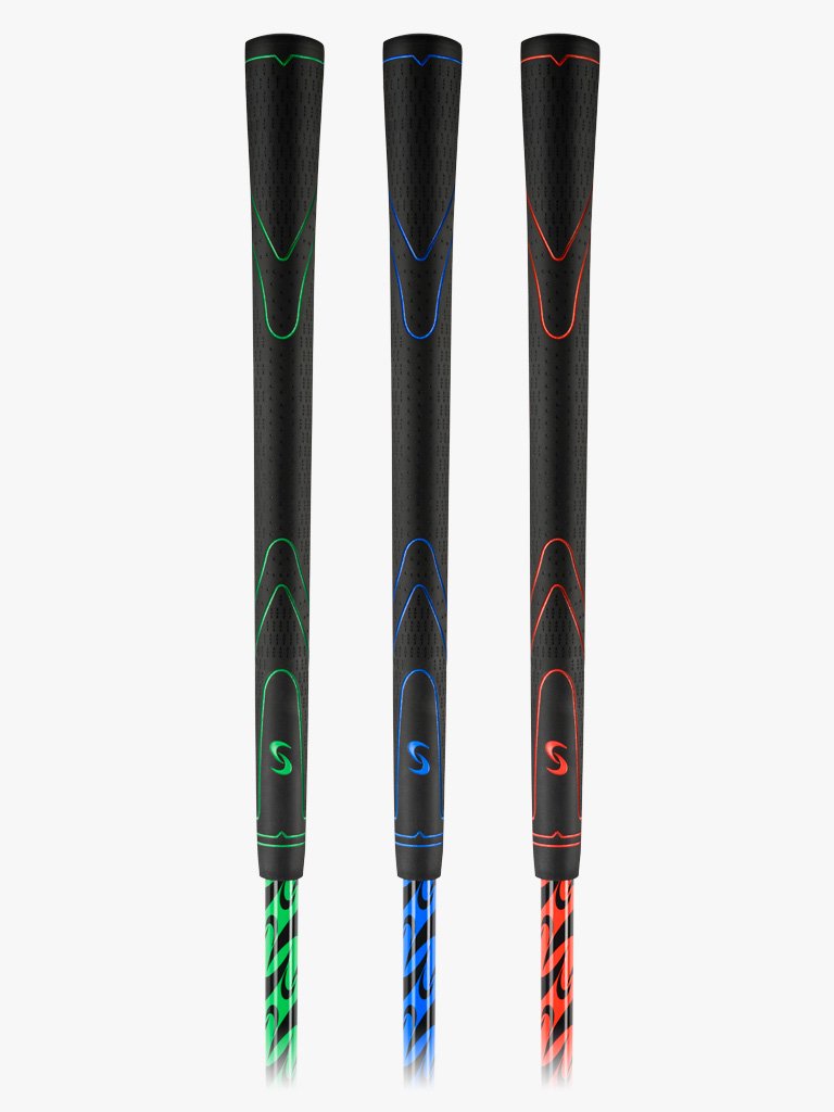 A close up shot of the three PeeWee golf training clubs with color-coded shafts and black grips, arranged vertically showcasing its grips.