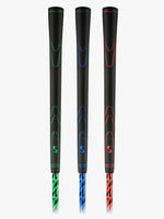A close up shot of the three PeeWee golf training clubs with color-coded shafts and black grips, arranged vertically showcasing its grips.