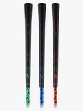 A close up shot of the three PeeWee golf training clubs with color-coded shafts and black grips, arranged vertically showcasing its grips.