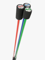 Three PeeWee golf training clubs with color-coded shafts and black grips, arranged vertically.