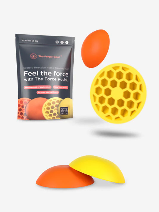 Two orange golf training aids with a hexagon shape, called The Force Pedal, one soft and one firm, along with a packaging bag and a digital training program packet.