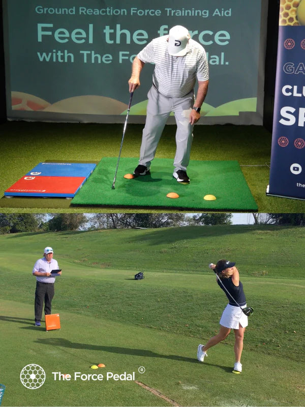 Golfers on the green indoors and outdoors using The Force Pedal